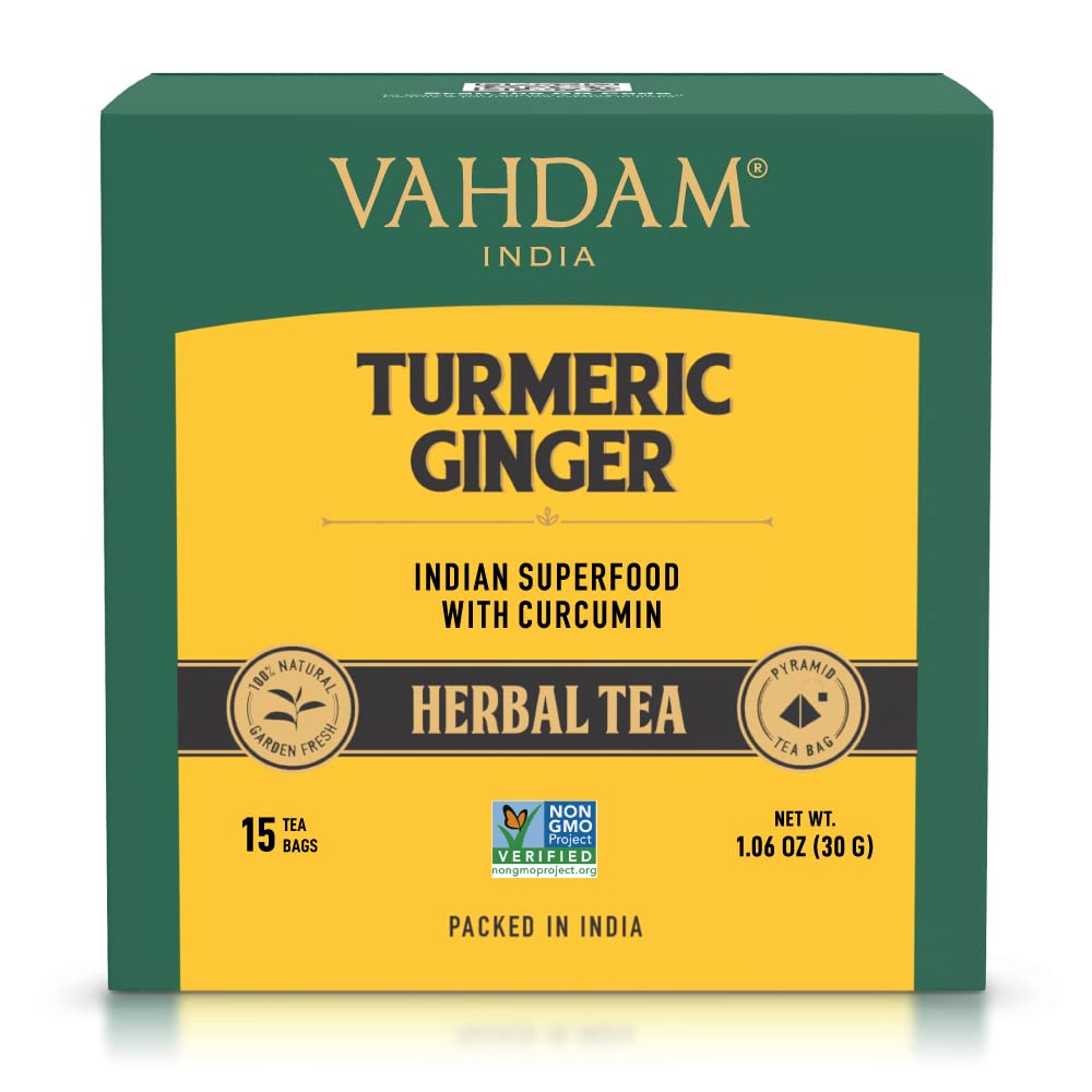 VAHDAM, Organic Turmeric Ginger Superfood Blend (15 Pyramid Tea Bag) Pure Blend Turmeric Tea & Ginger Tea | Herbal Tea Bags, Brew It As Hot Or Iced Tea
