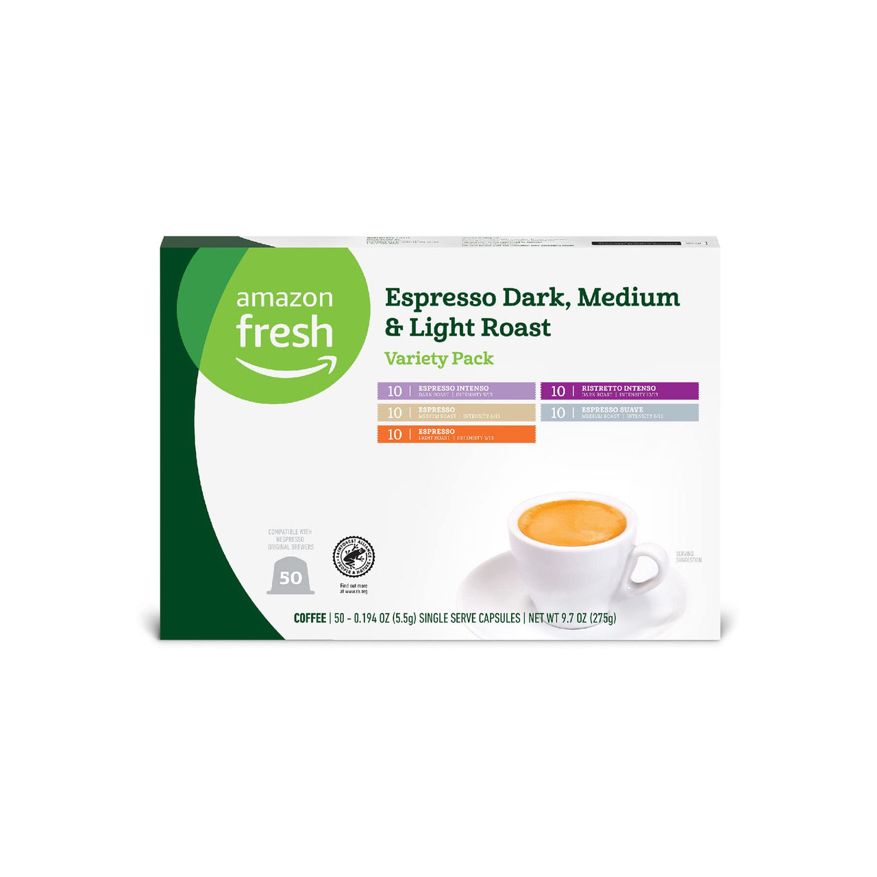 Fresh Espresso Dark, Medium & Light Roast Aluminum Capsules, Variety Pack, Compatible with Nespresso Original Brewers, 50 Count (5 Packs of 10)