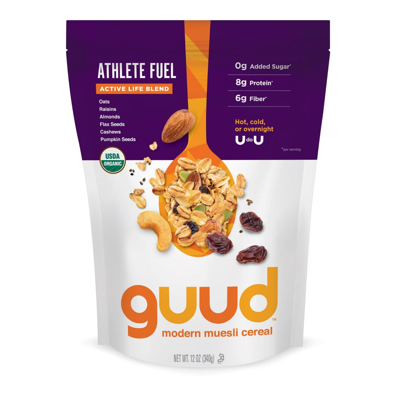 GUUD Athlete Fuel Active Life Blend Organic Muesli Cereal, 12 Ounce, Versatile Oatmeal Alternative, Oats, Raisins, Almonds, Flax Seeds, Cashews, Pumpkin Seeds, Vegan, Non-GMO