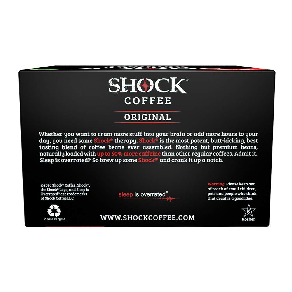 Shock Coffee Single Serve Cups. Up to 50% more Caffeine than Regular Coffee. 12 count - Compatible with Keurig K-Cup Brewers 2.0