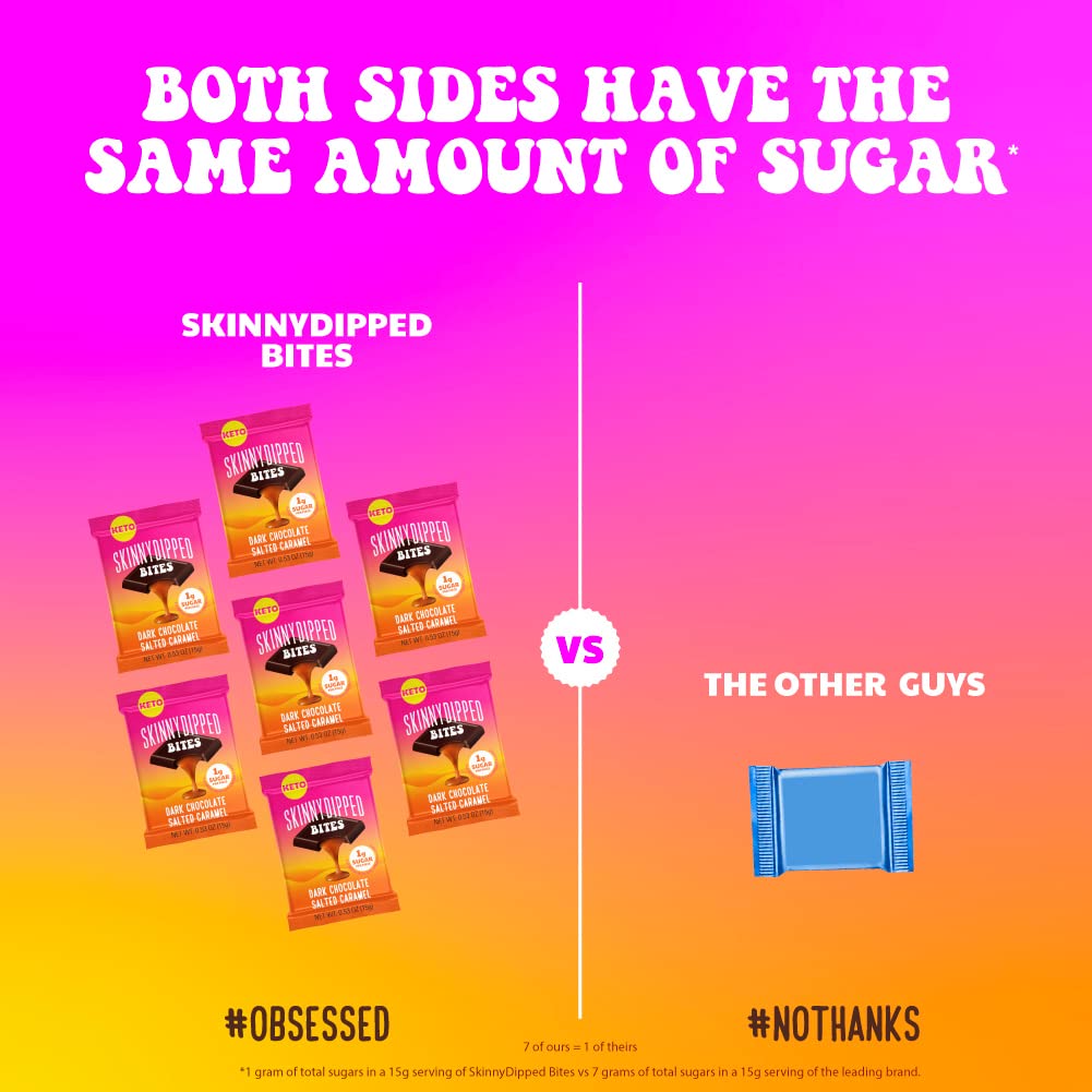 SkinnyDipped Dark Chocolate Salted Caramel Bites, 1g Sugar per Piece, Keto Friendly, No Palm Oil, Gluten Free, 4 Pack