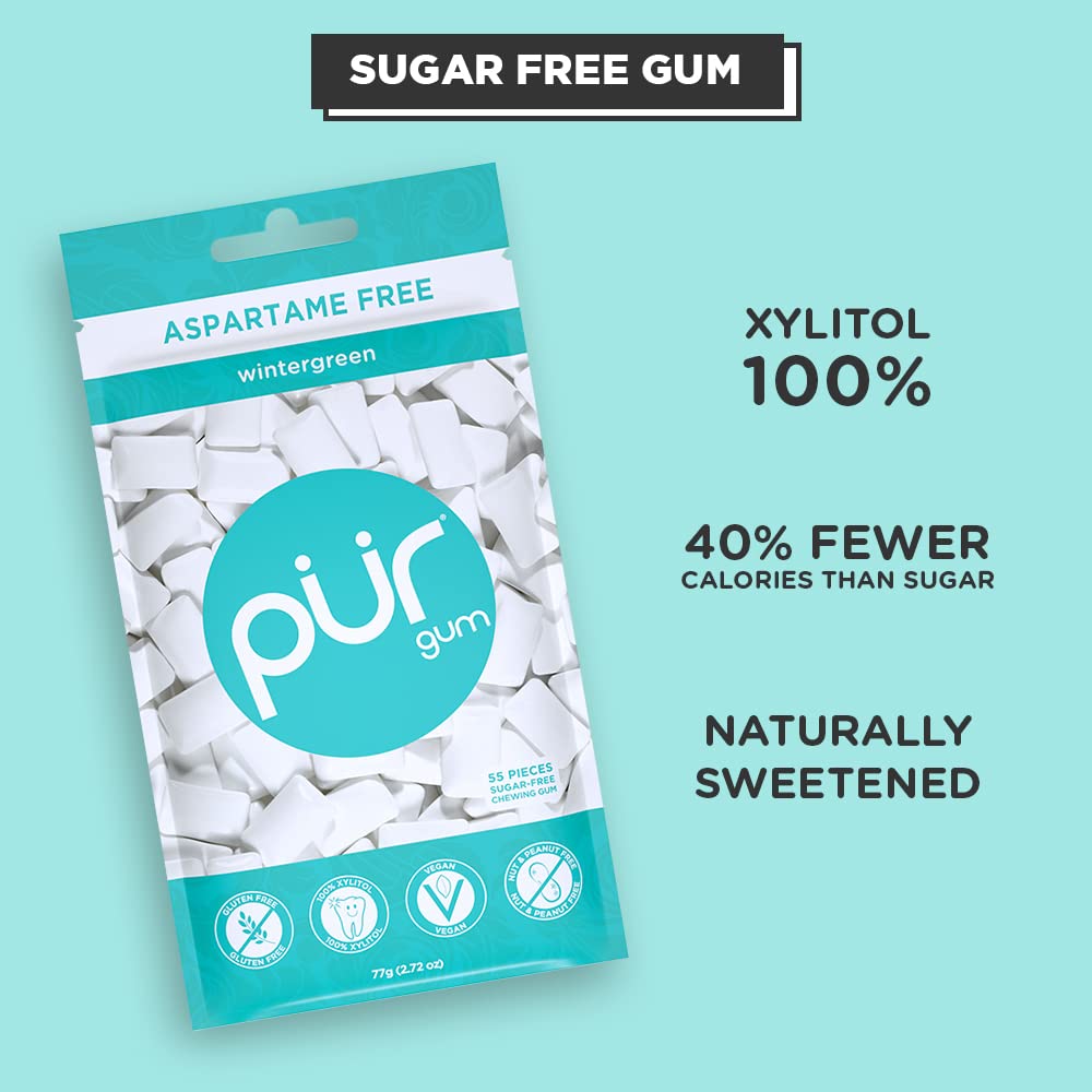 PUR Gum | Sugar Free Chewing Gum | 100% Xylitol | Vegan, Aspartame Free, Gluten Free & Keto Friendly | Natural Wintergreen Flavored Gum, 55 Pieces (Pack of 3)