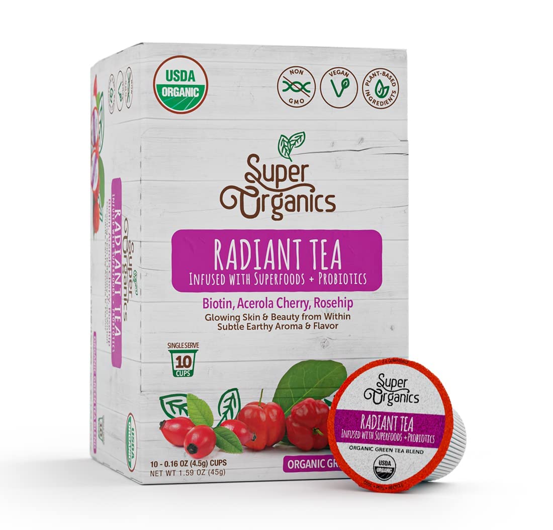 Super Organics Radiant Green Tea with Superfoods and Probiotics (Keurig K-Cup Compatible) 10ct Single Serve Cups (Organic) (13356)