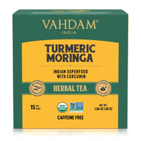 VAHDAM, Organic Turmeric Moringa Superfood Herbal Tea Bags (15 Pyramid Tea Bags) Caffeine Free & Herbal Blend of Turmeric, Moringa, Ginger & Black Pepper | Brew it as Hot or Iced Tea