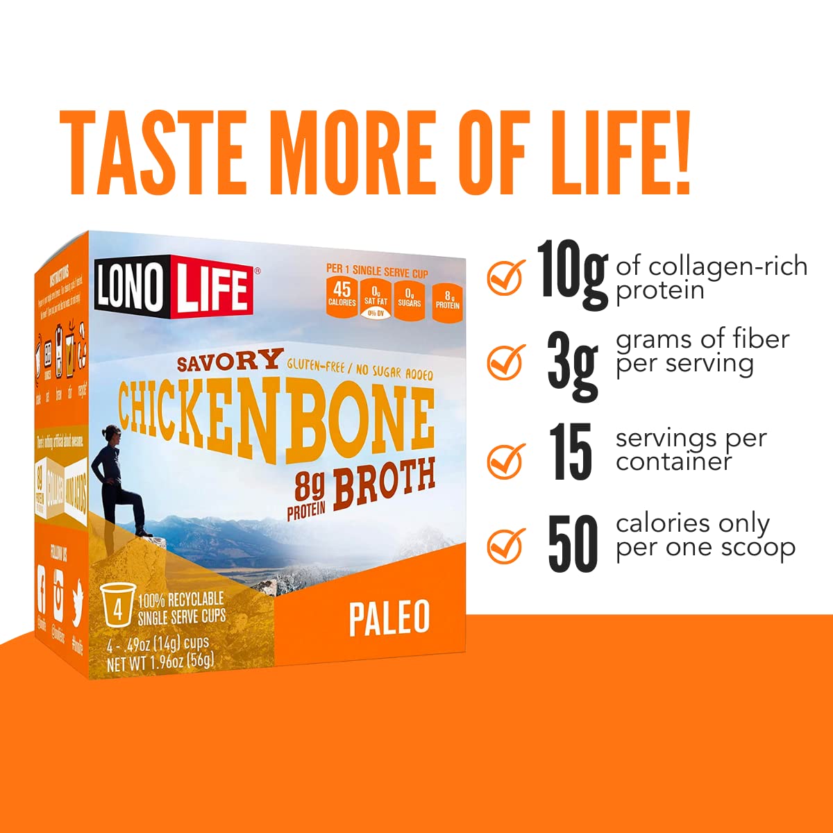 LonoLife - Chicken Bone Broth Single Serve Cups - 8g Collagen Protein - Grass-Fed, Gluten-Free - Keto & Paleo Friendly - 4 count