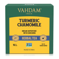 VAHDAM, Organic Turmeric Chamomile Tea Bags (15 Count) Herbal Tea Blend of Turmeric, Cinnamon, Black Pepper, Ashwgandha, Ginger, Chamomile, Fennel | Herbal Tea Bags, Brew it as Hot or Iced Tea