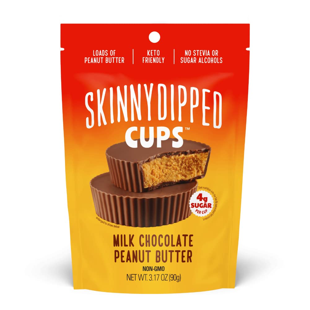 SkinnyDipped Milk Chocolate Peanut Butter Cups, 4g Sugar, Low Sugar, No Palm Oil, Gluten Free, 3.2oz Bag, 4 Pack (24 Cups Total)