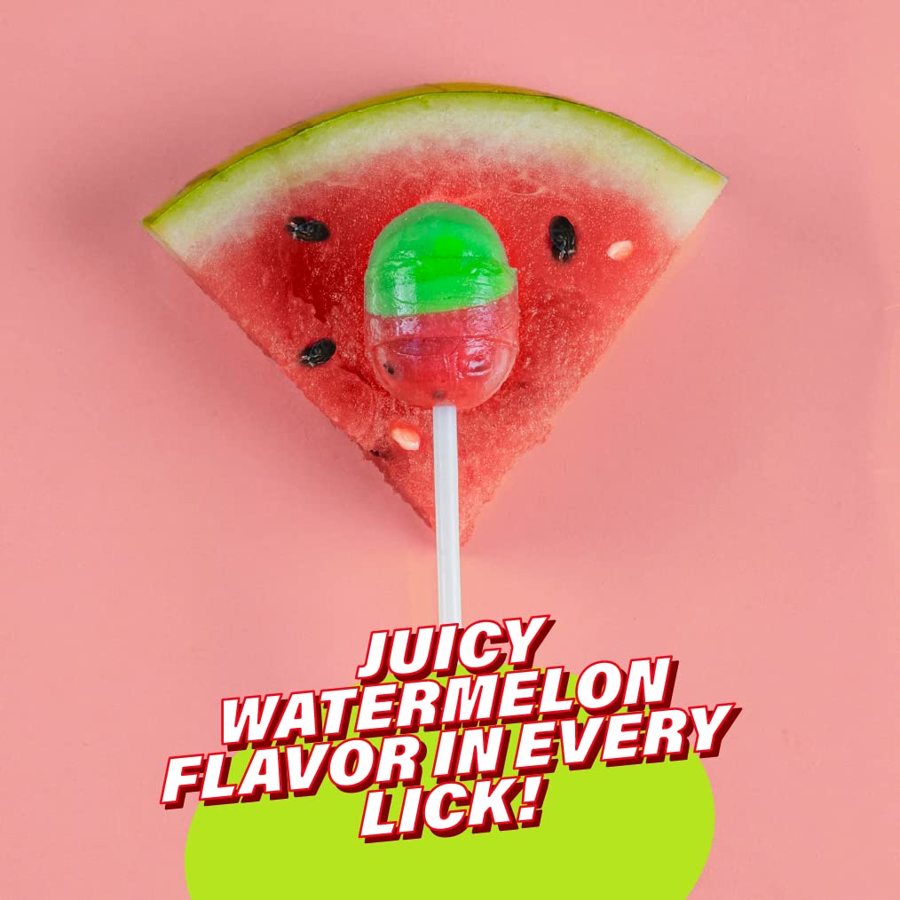 Colombina Bon Bon Bum Lollipops w/Bubble Gum Center - Watermelon Candy Flavor, Pack of Individually 24 Wrapped Gluten Free Pops, Ideal for Party Favors and Gifts, 14.4 oz bag, (24 count)