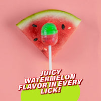 Colombina Bon Bon Bum Lollipops w/Bubble Gum Center - Watermelon Candy Flavor, Pack of Individually 24 Wrapped Gluten Free Pops, Ideal for Party Favors and Gifts, 14.4 oz bag, (24 count)