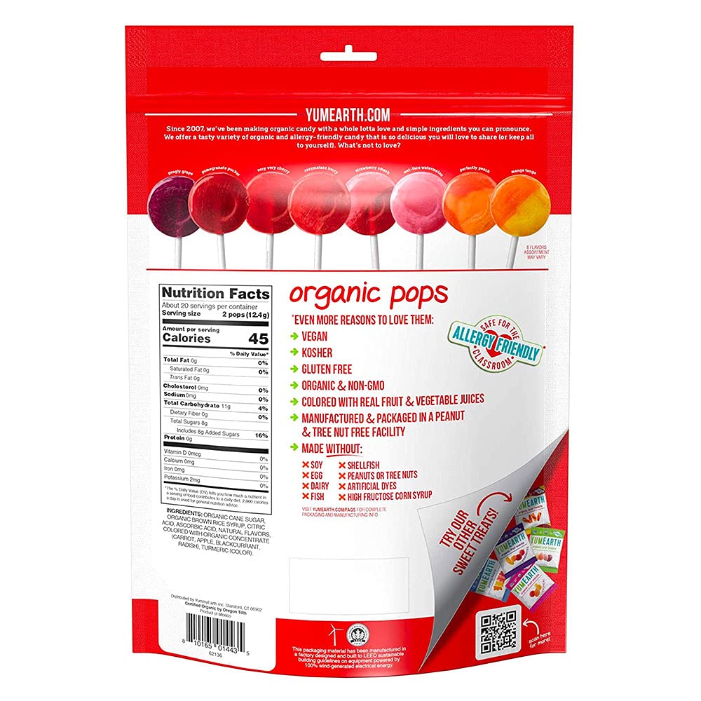 YumEarth Organic Pops Variety Pack, 40 Fruit Flavored Favorites Lollipops, Allergy Friendly, Gluten Free, Non-GMO, Vegan, No Artificial Flavors or Dyes
