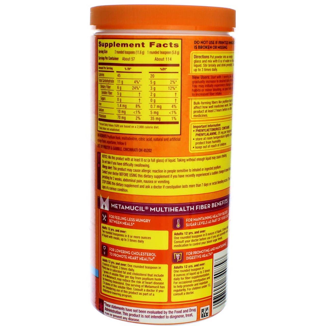 Metamucil Daily Fiber Supplement, Psyllium Husk Fiber Powder, Sugar Free, Orange, 114 Ct
