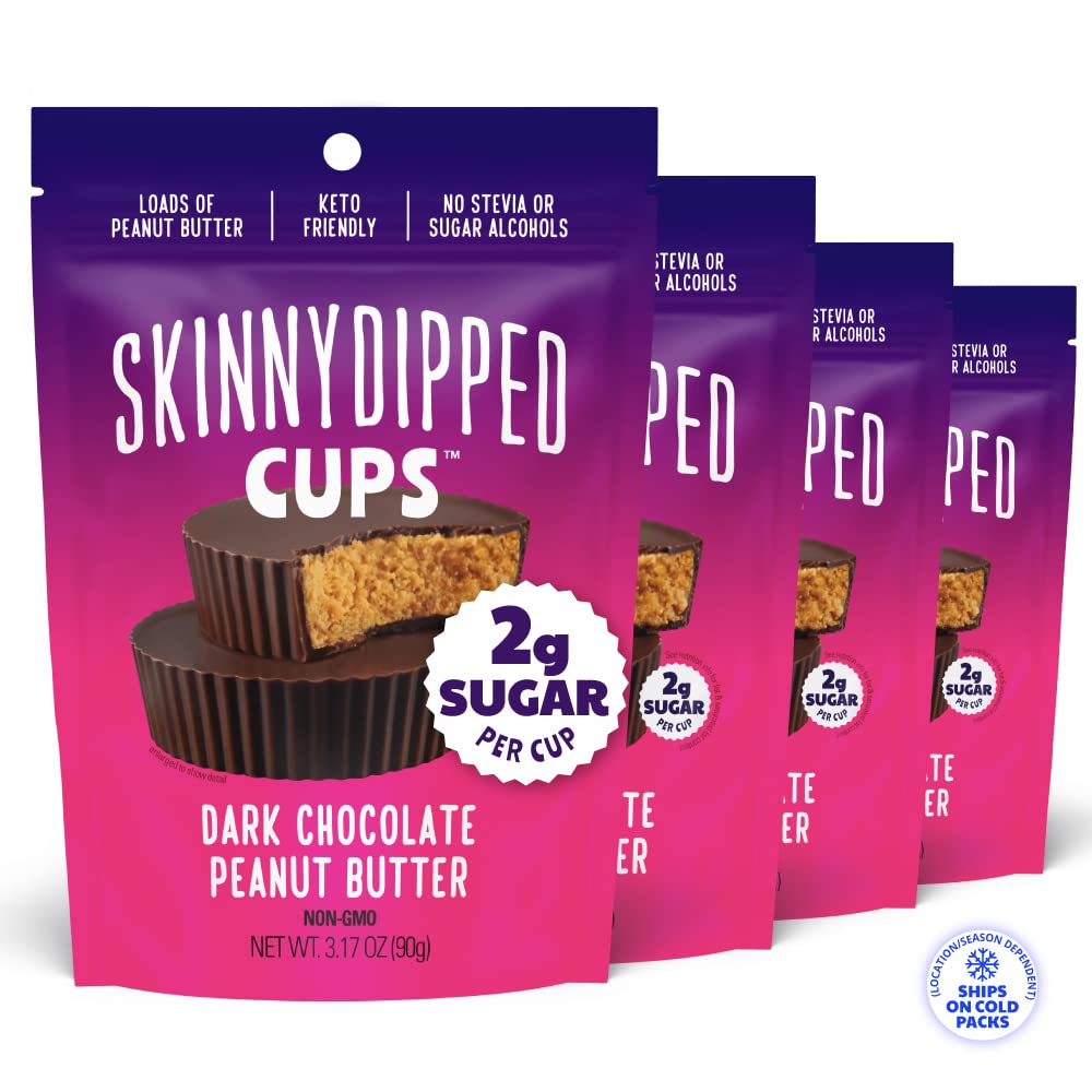 SkinnyDipped Dark Chocolate Peanut Butter Cups, 2g Sugar per Cup, Keto Friendly, No Palm Oil, Gluten Free, 3.2oz, 4 Pack (24 Cups Total)