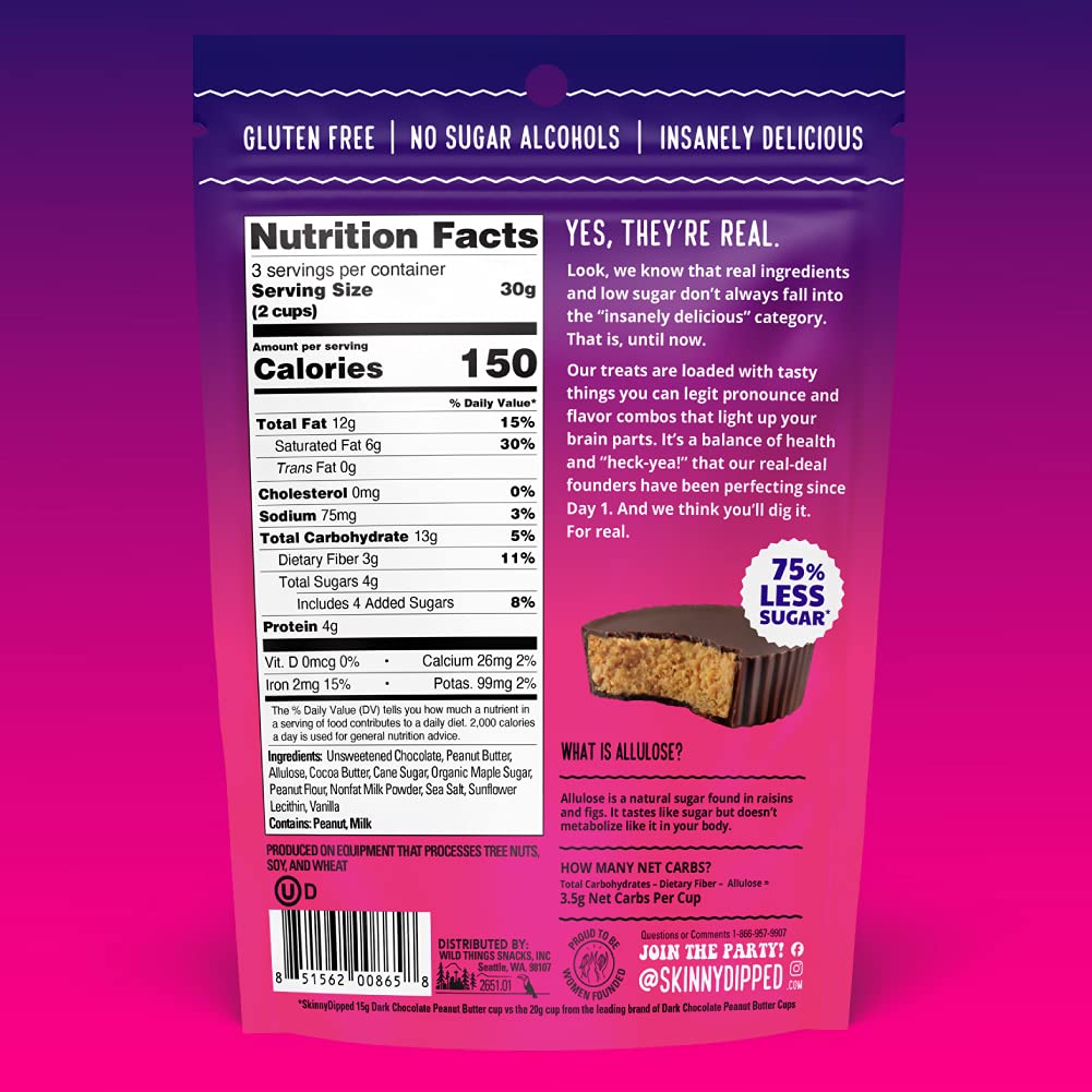 SkinnyDipped Dark Chocolate Peanut Butter Cups, 2g Sugar per Cup, Keto Friendly, No Stevia, Gluten Free, 3.2oz, 1 Pack (6 Cups Total)