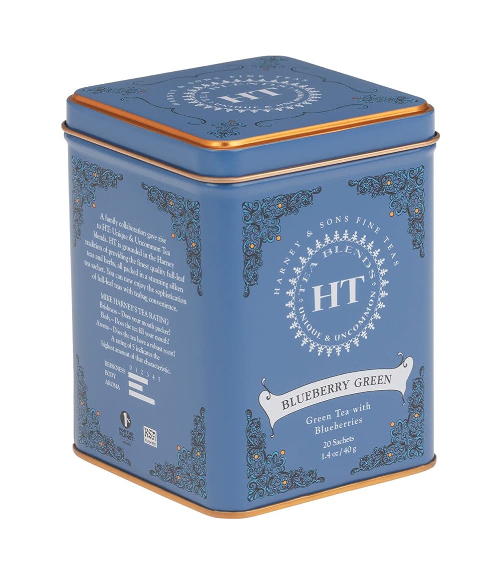 Harney & Sons Blueberry Green Tea Tin Can - Caffeinated and, Great Present Idea - 20 Sachets, 1.4 Ounces