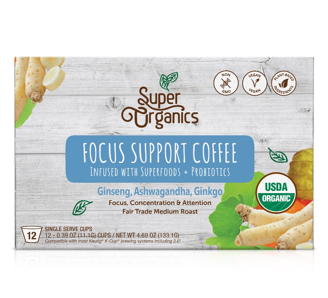 Super Organics Focus Support Coffee Brew Cups With Superfoods & Probiotics, Keurig K-Cup Compatible, Adaptogens, Medium Roast, USDA Certified, Vegan, Non-GMO, 12 Count
