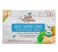 Super Organics Focus Support Coffee Brew Cups With Superfoods & Probiotics, Keurig K-Cup Compatible, Adaptogens, Medium Roast, USDA Certified, Vegan, Non-GMO, 12 Count