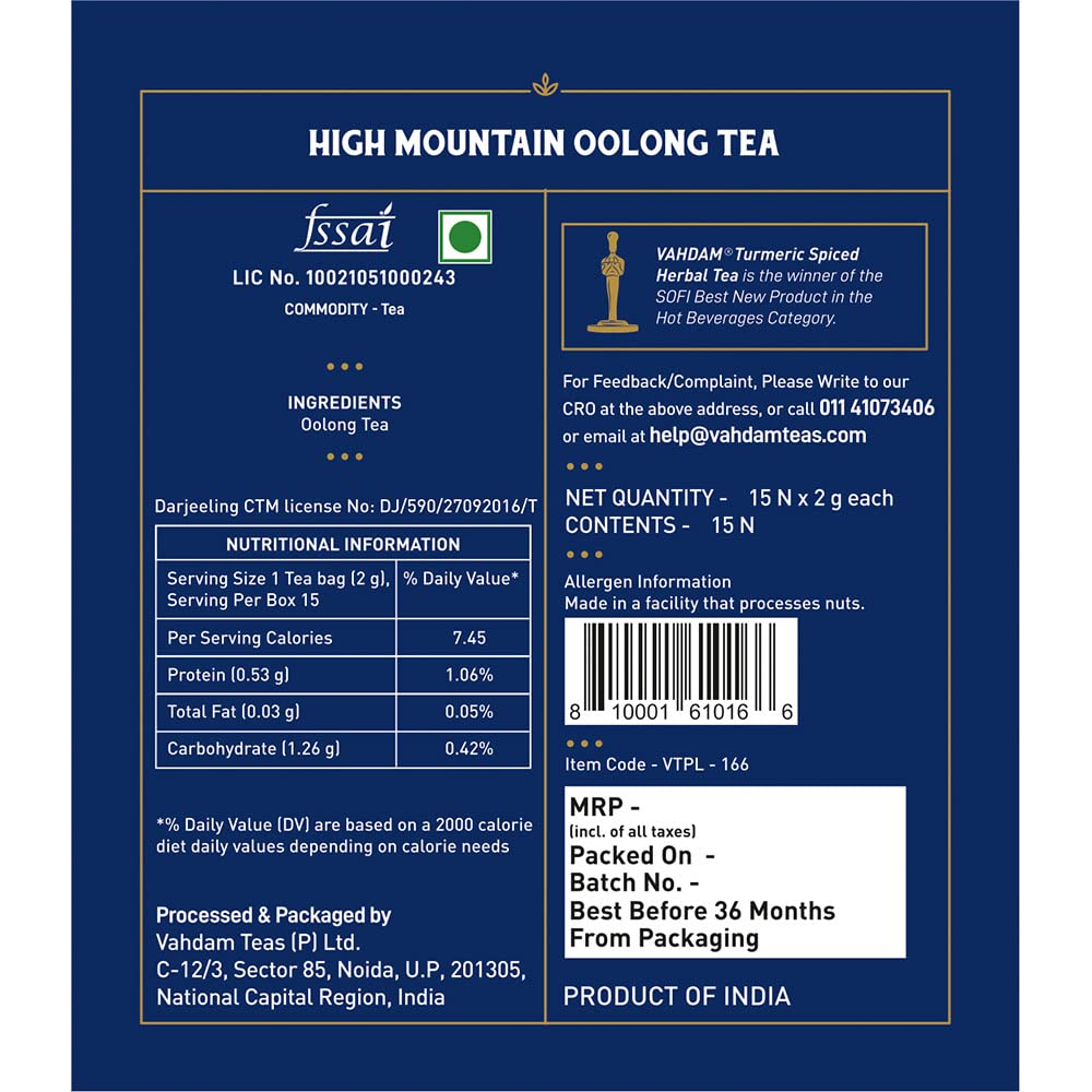 VAHDAM, Himalayan Oolong Tea Leaves, 15 Tea Bags, Long Leaf Pyramid Oolong Tea Bags, Oolong Tea, 100% Natural Oolong Tea Loose Leaf, Detox Tea, Packed at Source