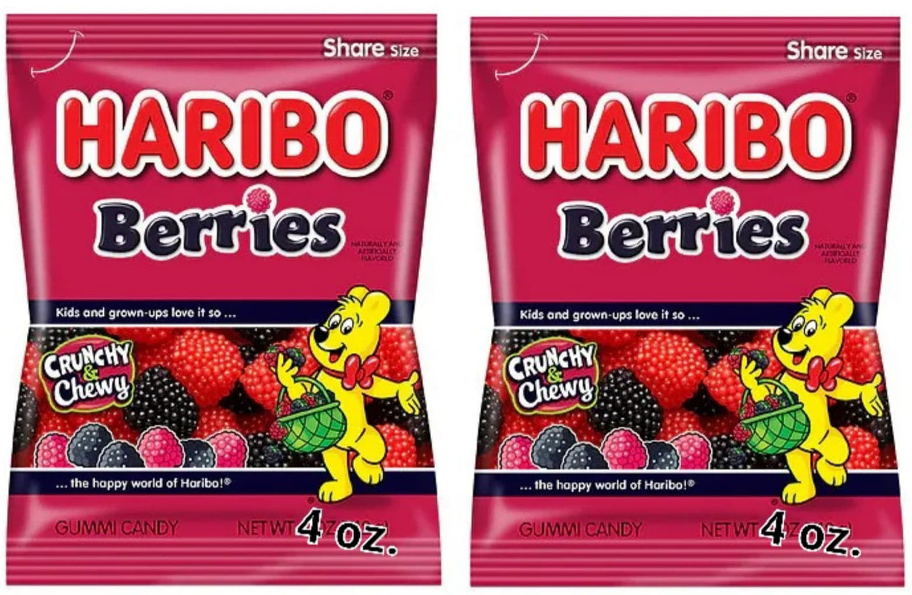Haribo Gummi Candy, Black and Red Crunchy and Chewy Berries, (2) 4oz bags