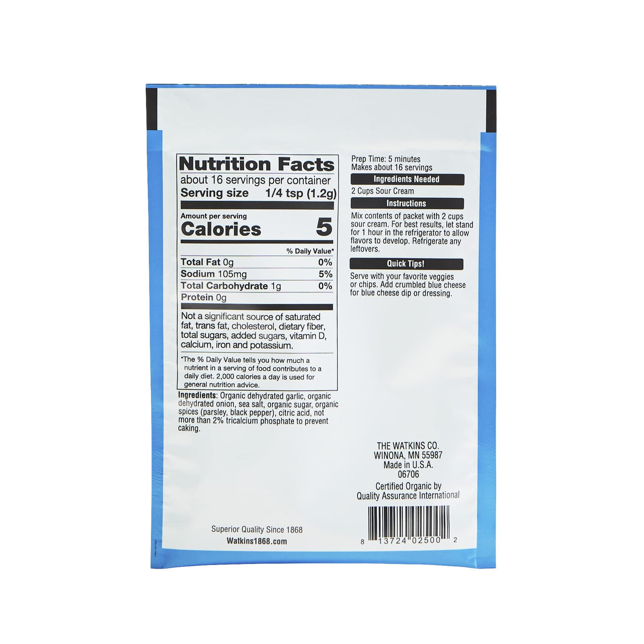 Watkins Organic Gourmet Dip Mix, Ranch, 0.71 oz. Packets, 12-Pack