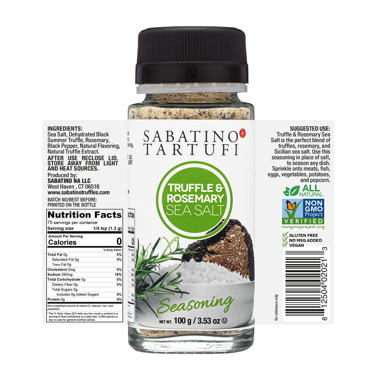 Sabatino Truffle & Rosemary Sea Salt Seasoning, All Natural Gourmet Truffle Salt with Rosemary, Sicilian Sea Salt,Kosher, Non-Gmo Project Certified, 3.53 Oz
