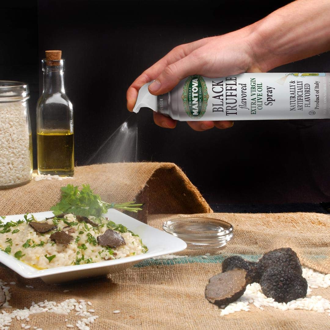 Mantova Black Truffle Flavored Extra Virgin Olive Oil Spray, heart-healthy cooking spray perfect for salads and pasta sauces, 100% natural cooking oil made in Italy, olive oil dispenser bottle sprays, drips, or streams with no waste, 8 oz