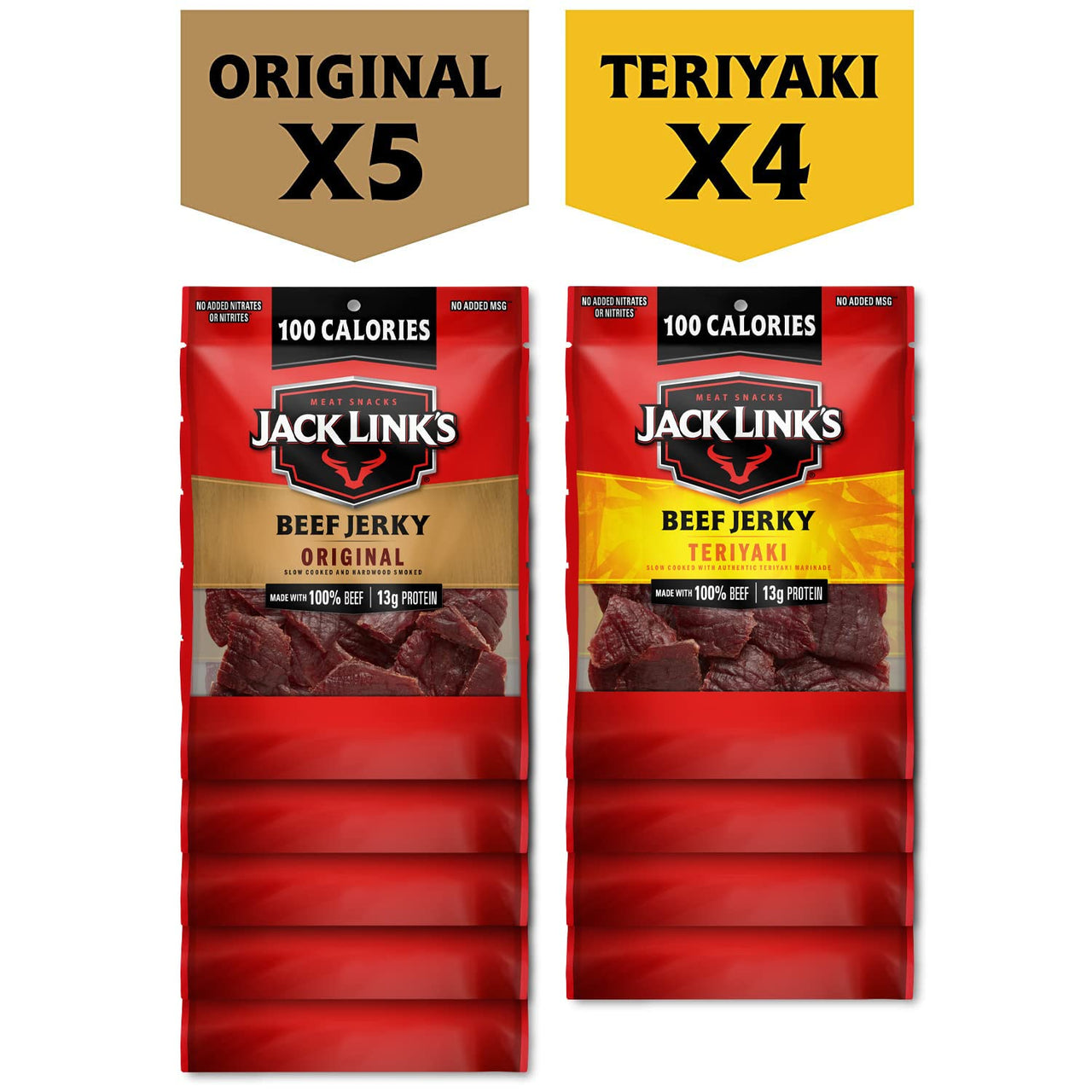 Jack Link's  Beef Jerky Variety Pack Great for Easter Basket Stuffers - Includes Original and Teriyaki Flavors, On the Go Snacks, 13g of Protein Per Serving, 9 Count of 1.25 Oz Bags