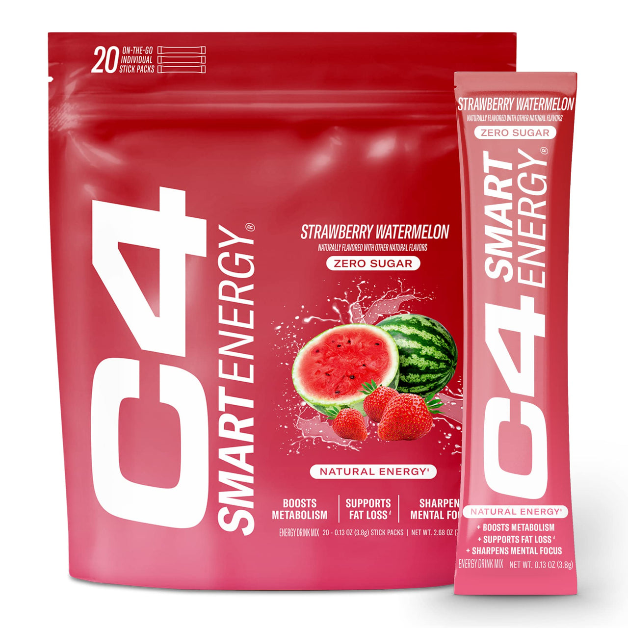 C4 Smart Energy Powder On-the-Go Stick Pack - Sugar Free Performance Fuel & Nootropic Brain Booster, Coffee Substitute or Alternative | Strawberry Watermelon - 20 Count