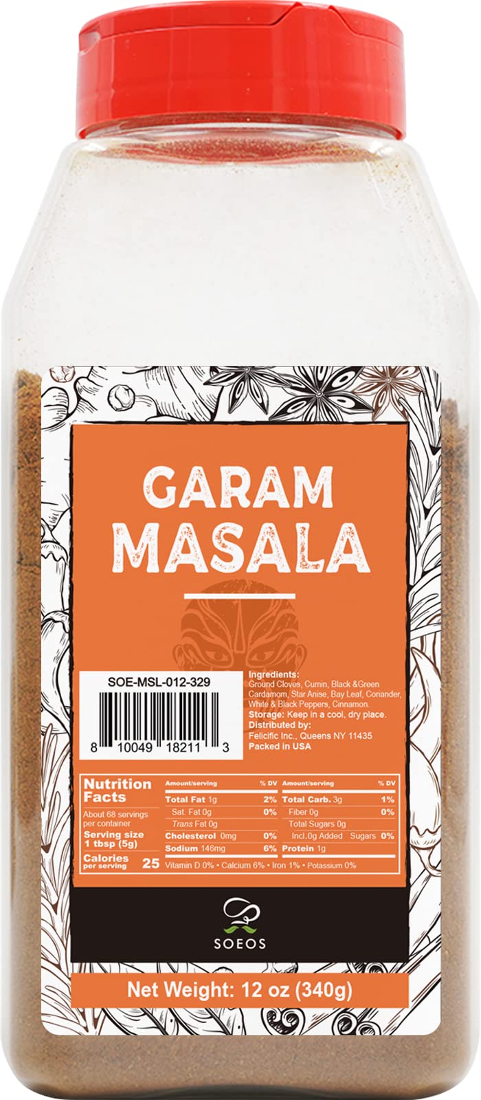 Soeos Garam Masala, garam masala powder, Indian 10-Spice Blend, All Natural Blend, Salt-Free, Vegan, No Colors, Gluten Friendly, Non-GMO, Authentic Indian Food Spices, Masala Seasoning, Garam Masala Bulk, 12oz.