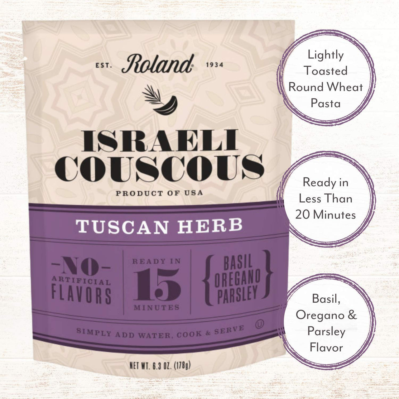 Roland Foods Tuscan Herb Israeli Couscous, Sourced in the USA, 6.3-Ounce Pouch