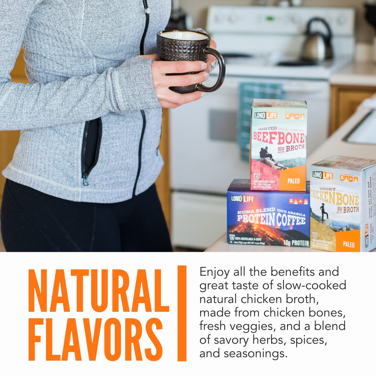 LonoLife - Chicken Bone Broth Single Serve Cups - 8g Collagen Protein - Grass-Fed, Gluten-Free - Keto & Paleo Friendly - 4 count