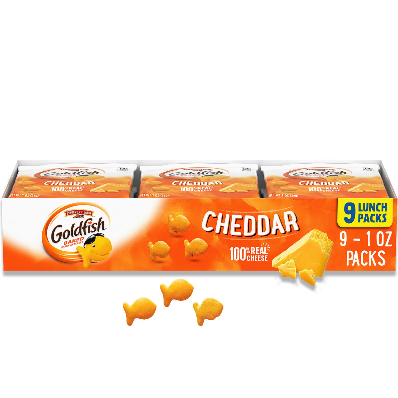 Goldfish Cheddar Cheese Crackers, Baked Snack Crackers, 1 oz On-the-Go Snack Packs, 9 Count Tray
