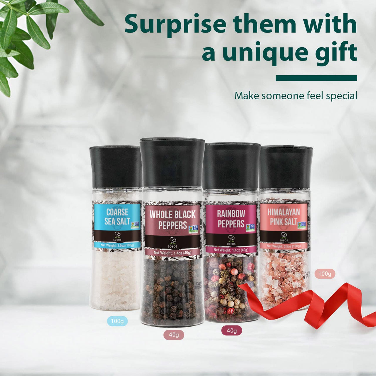 Soeos Black Peppercorns + White Sea Salt + Rainbow Peppercorns + Pink Salt, 9.8oz(277.82g) Spice Total, Plastic Bottle Grinder with Spice Included, Salt and Pepper Set, Grinder Set, Spice Set.