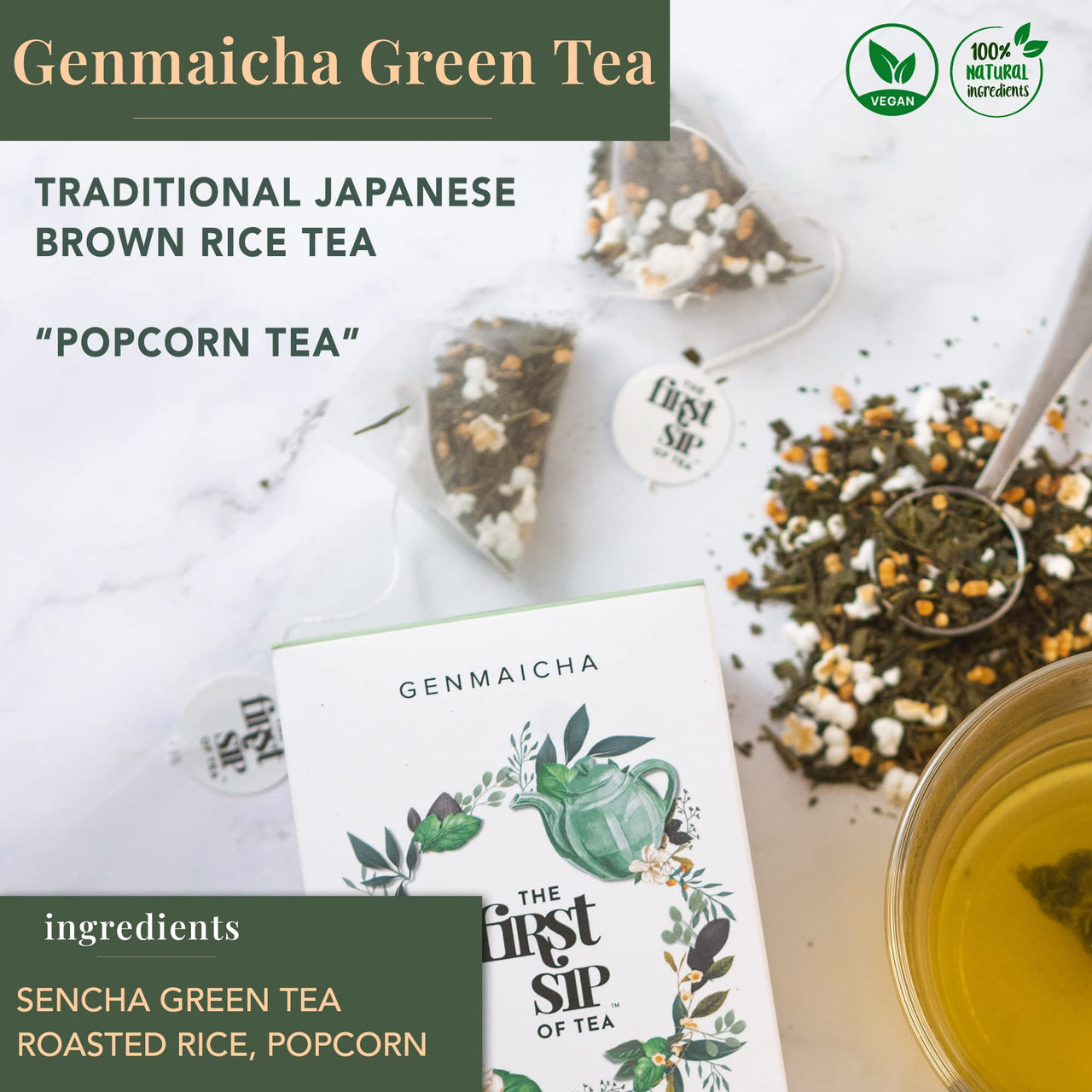 The Spice Hut Genmaicha Green Tea Box, The First Sip of Tea, 16 count (Pack of 1)