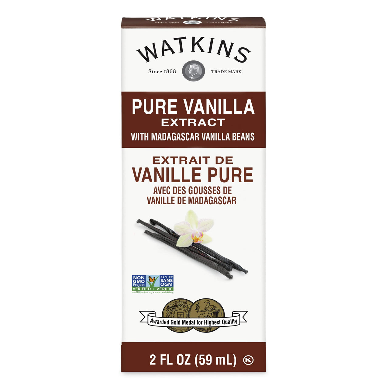 Watkins Pure Vanilla Extract, with Madagascar Vanilla Beans, Non-GMO, Kosher, 2 oz. Bottle, 1-Pack