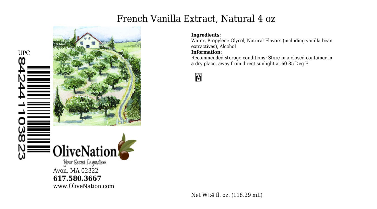 OliveNation French Vanilla Flavoring Extract, Deep Rich Flavoring for Baked Goods, Cakes, Frosting, Fillings, PG Free, Non-GMO, Gluten Free, Kosher, Vegan - 4 ounces