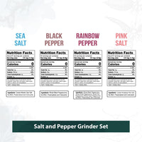 Soeos Black Peppercorns + White Sea Salt + Rainbow Peppercorns + Pink Salt, 9.8oz(277.82g) Spice Total, Plastic Bottle Grinder with Spice Included, Salt and Pepper Set, Grinder Set, Spice Set.