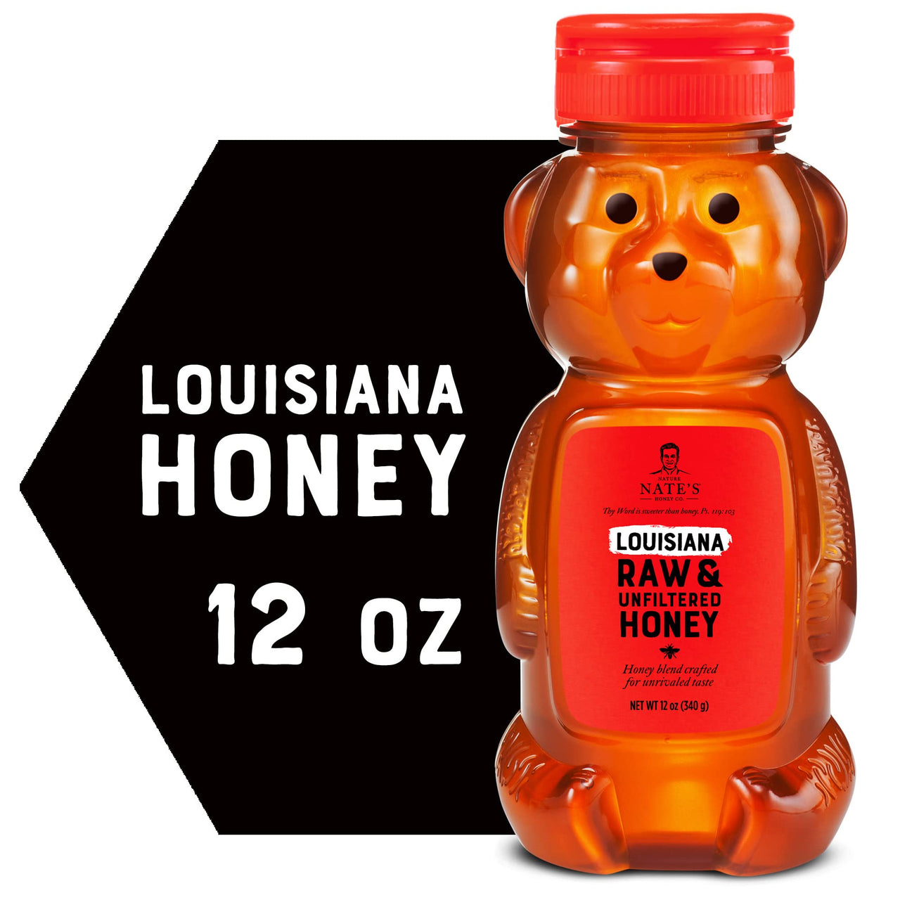 Nature Nate's  100% Pure Raw & Unfiltered Louisiana Honey Bear Bottle, Certified Gluten Free & OU Kosher, Balanced Flavors, 12 Ounce (Pack of 1) (FP011)