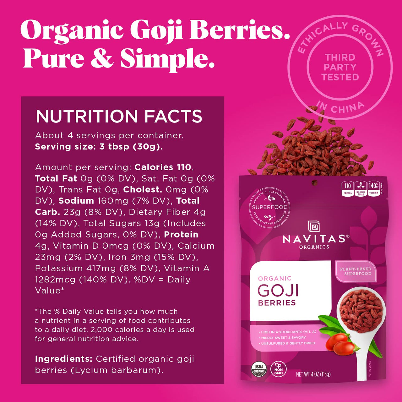 Navitas Organics Goji Berries, 4 oz. Bag, 4 Servings - Organic, Non-GMO, Sun-Dried, Sulfite-Free