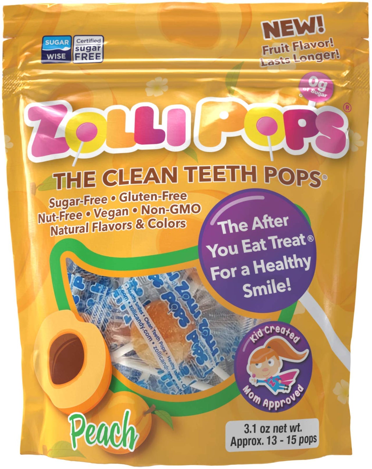 Zollipops Clean Teeth Lollipops, Peach, 3.1 Oz