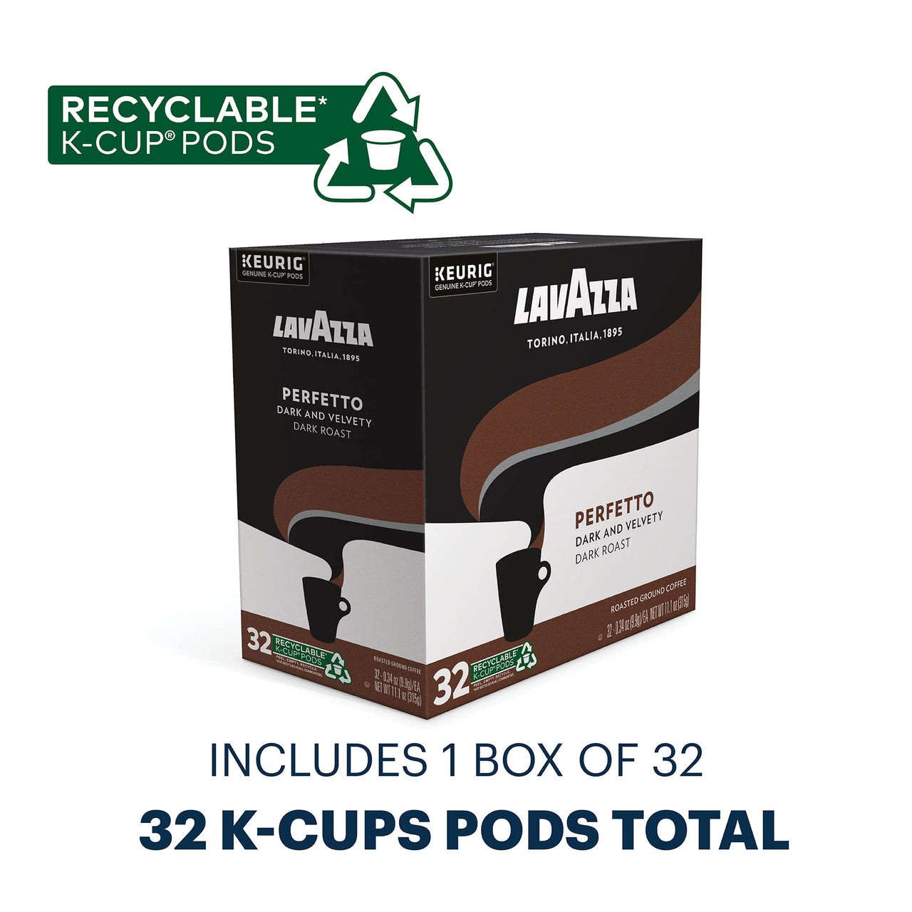 Lavazza Perfetto Single-Serve Coffee K-Cup Pods for Keurig Brewer, 32 Count, Full-bodied dark roast with bold, dark flavor and notes of caramel, 100% Arabica