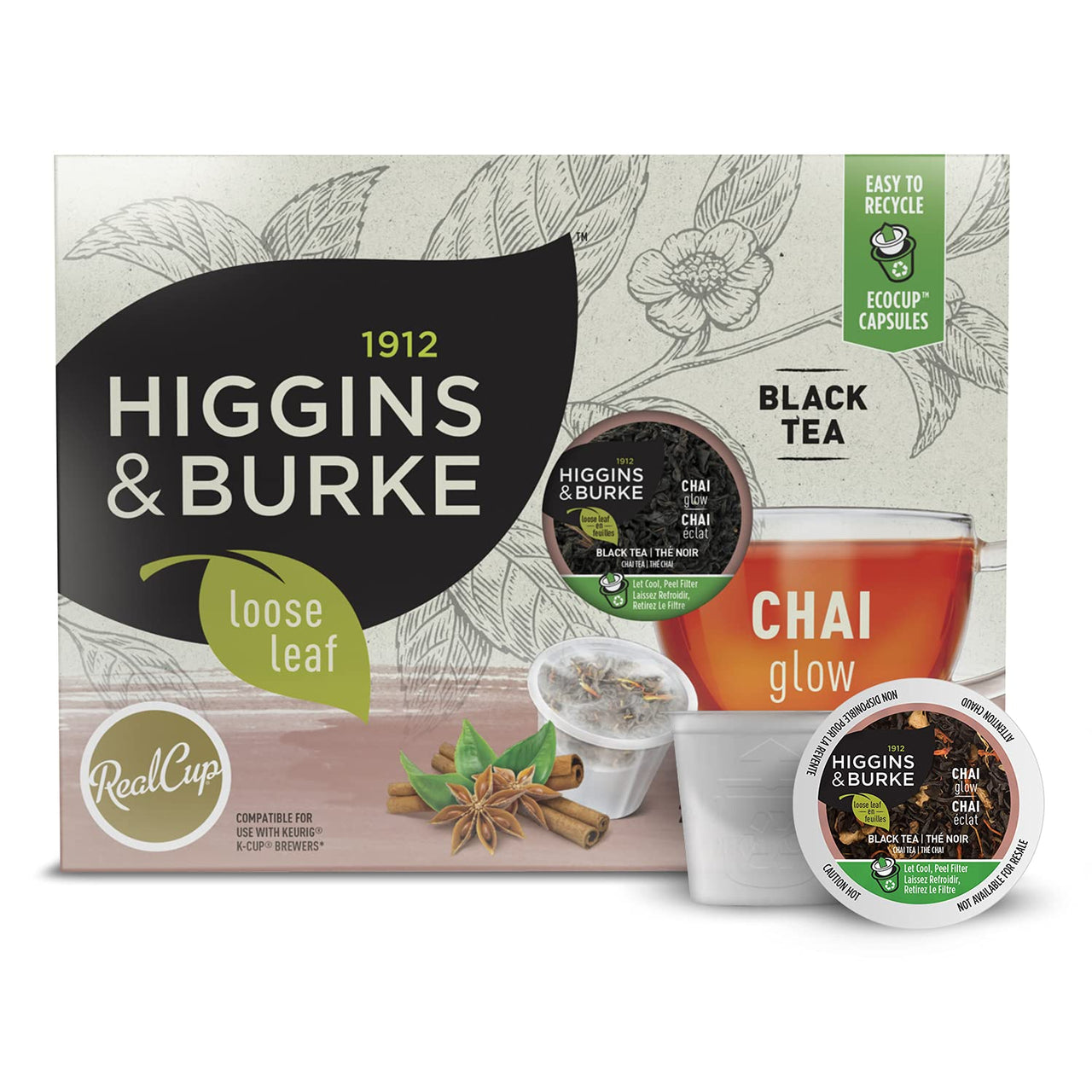 Higgins & Burke Chai Glow, Loose Leaf, Black Tea, Keurig K-Cup Brewer Compatible Pods, 24 Count