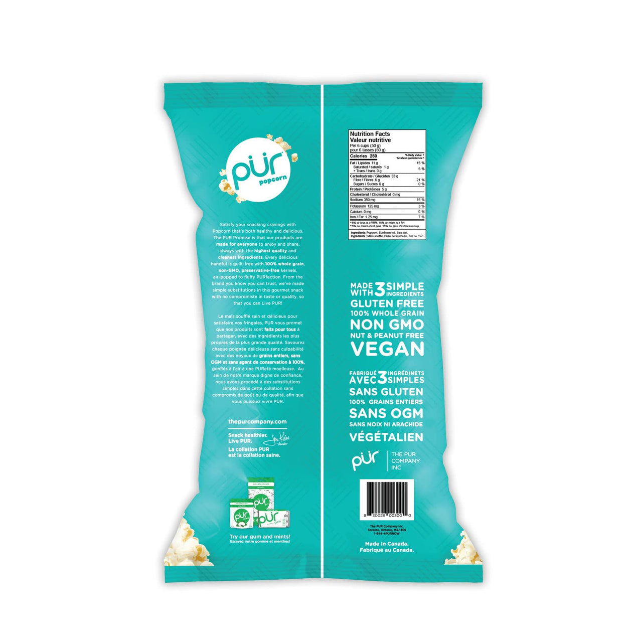 PUR Popcorn | 100% Whole Grain Snack | Nut & Peanut Free, Vegan, Non-GMO & Gluten Free | Sea Salt Flavored Popcorn (Pack of 1)