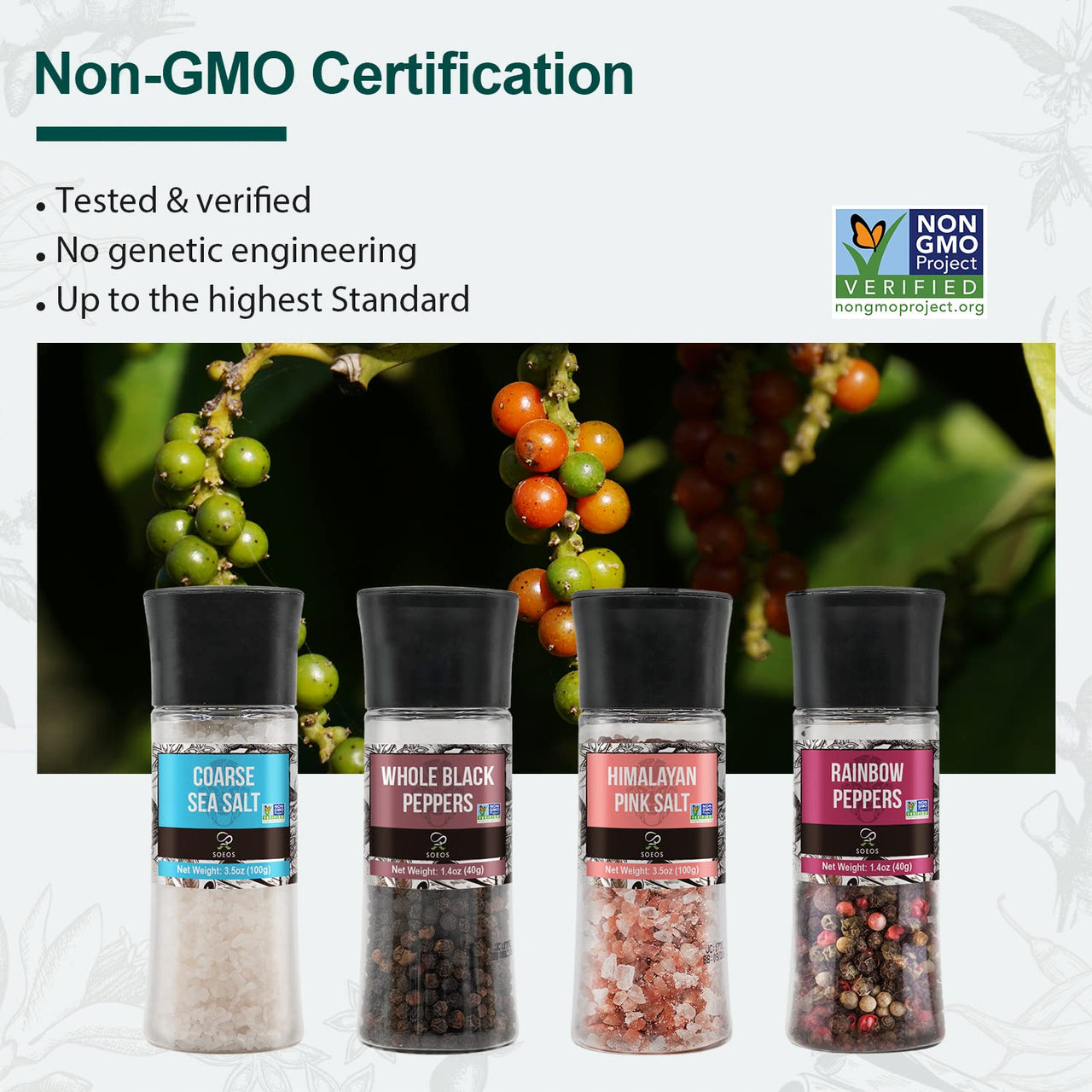 Soeos Black Peppercorns + White Sea Salt + Rainbow Peppercorns + Pink Salt, 9.8oz(277.82g) Spice Total, Plastic Bottle Grinder with Spice Included, Salt and Pepper Set, Grinder Set, Spice Set.