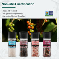 Soeos Black Peppercorns + White Sea Salt + Rainbow Peppercorns + Pink Salt, 9.8oz(277.82g) Spice Total, Plastic Bottle Grinder with Spice Included, Salt and Pepper Set, Grinder Set, Spice Set.