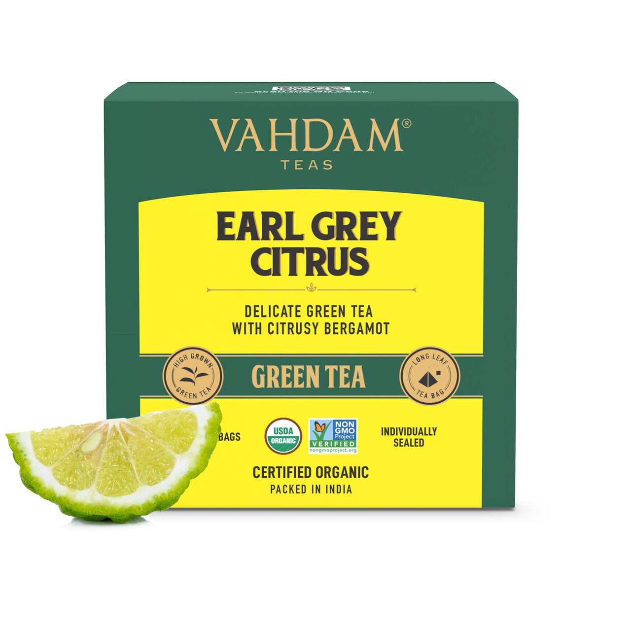 VAHDAM, Earl Grey Citrus Green (15 Tea Bags), Green Tea Leaves from the Himalayas blended with Natural Bergamot Oil - Finest Earl Grey Tea Bags, Long Leaf Bergamot Tea Bags