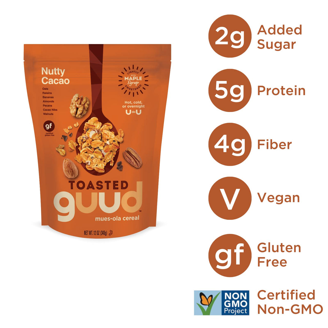 GUUD Nutty Cacao Toasted Muesola Cereal, 12 Ounce, Slightly Sweet Muesli, Gluten Free, Oats, Raisins, Bananas, Almonds, Pecans, Cacao Nibs, Walnuts, Vegan, Non-GMO Certified, Kosher