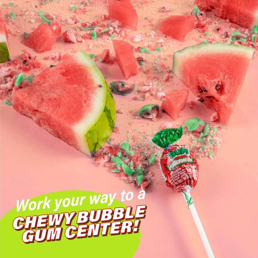 Colombina Bon Bon Bum Lollipops w/Bubble Gum Center - Watermelon Candy Flavor, Pack of Individually 24 Wrapped Gluten Free Pops, Ideal for Party Favors and Gifts, 14.4 oz bag, (24 count)