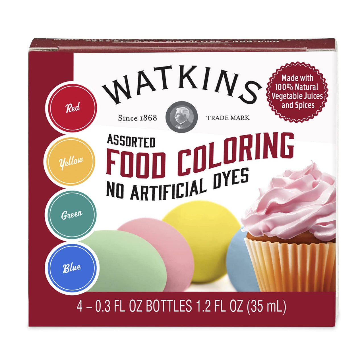 Watkins Assorted Food Coloring, 1 Each Red, Yellow, Green, Blue, Total Four .3 oz bottles
