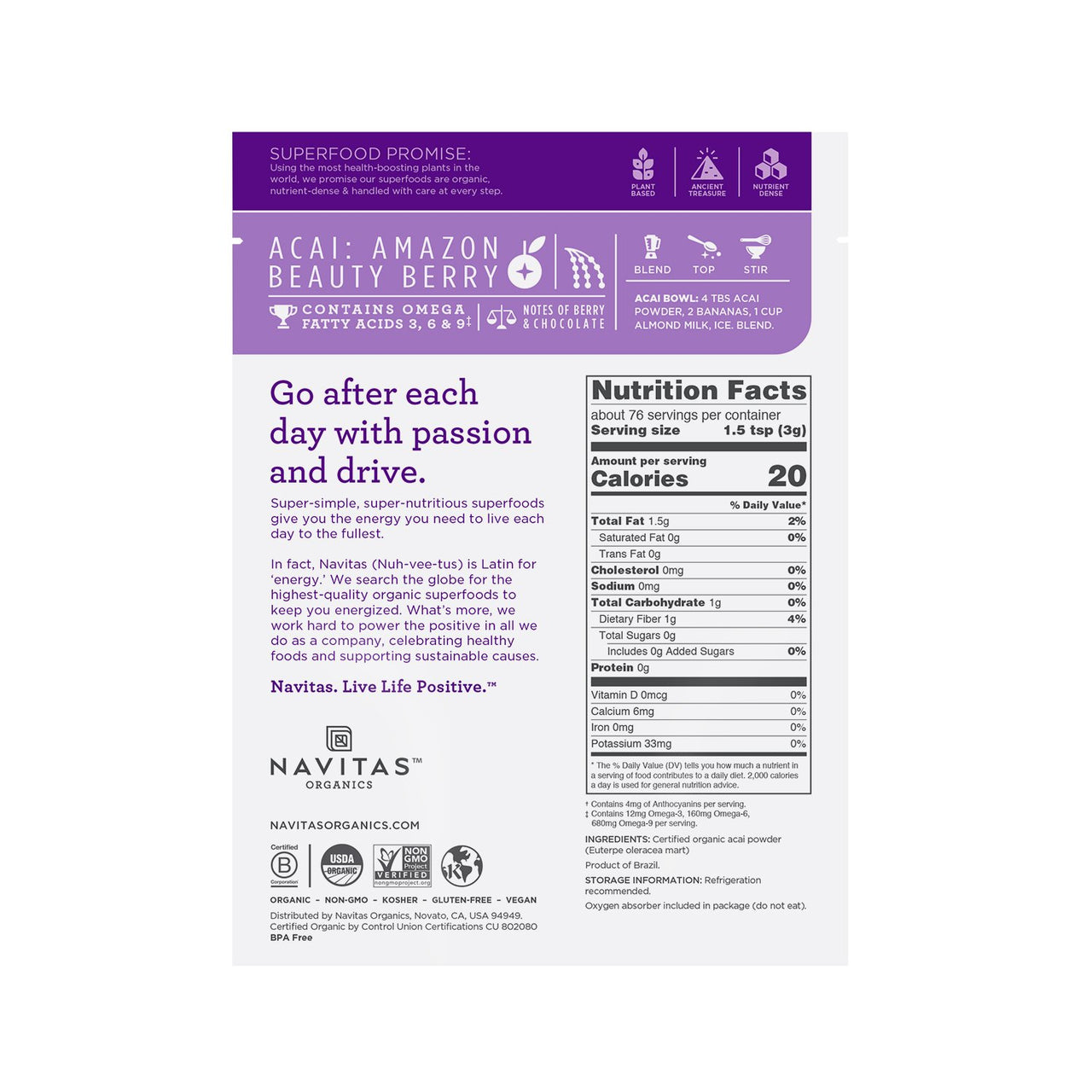 Navitas Organics Acai Powder, 8 oz. Bag  Organic, Non-GMO, Freeze-Dried, Gluten-Free, 76 Servings
