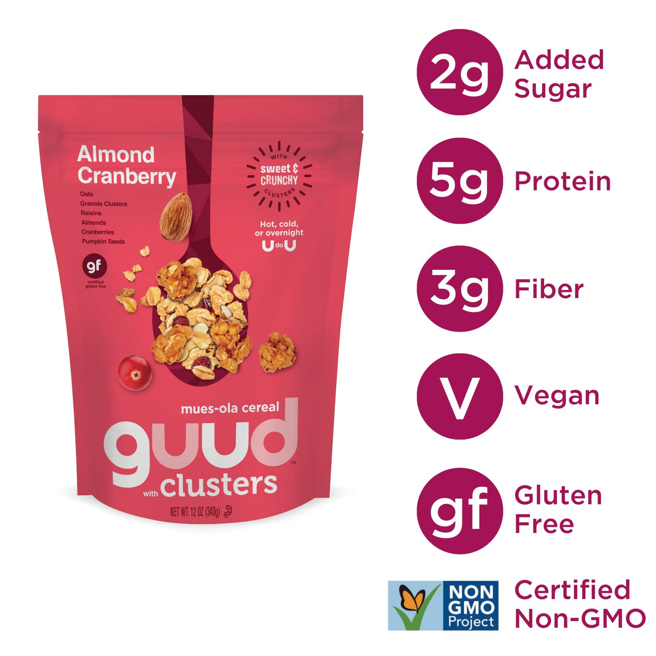 GUUD Almond Cranberry Muesola Cereal, 12 Ounce, Slightly Sweet Muesli, Gluten Free, Oats, Granola Clusters, Raisins, Almonds, Cranberries, Pumpkin Seeds, Vegan, Non-GMO Certified, Kosher